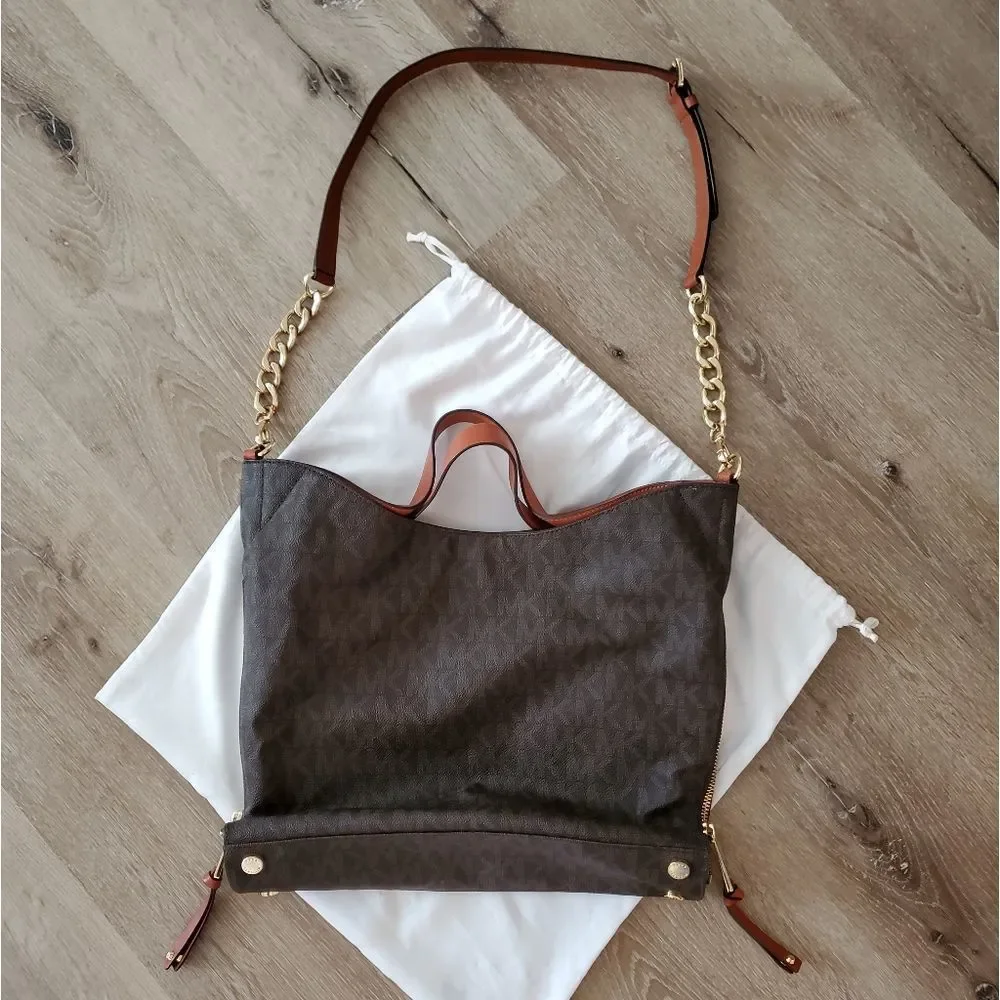 Authentic Michael Kors Devon MK Signature Large Shoulder Tote Bag in Brown - Picture 7 of 16